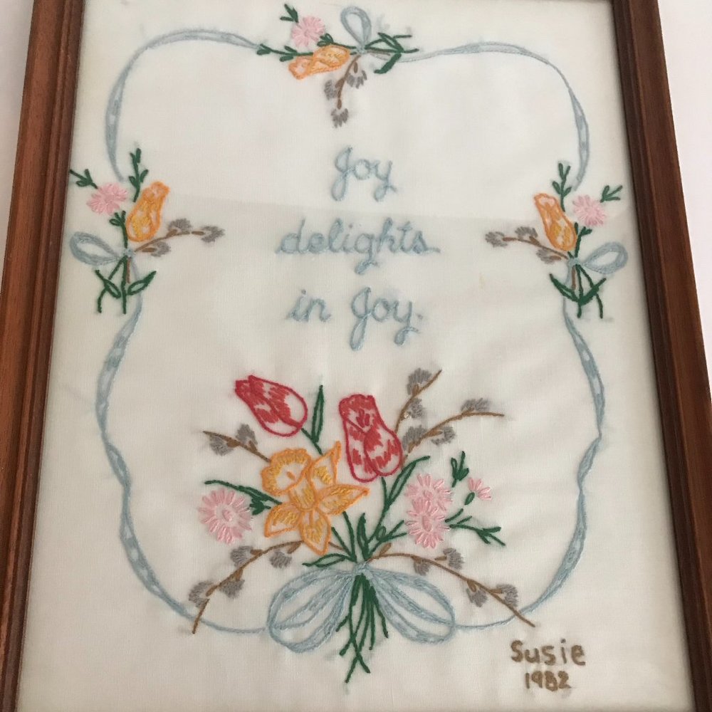 Vintage 1980s Era Unframed Hand Embroidery Joy Delights in Joy Sampler